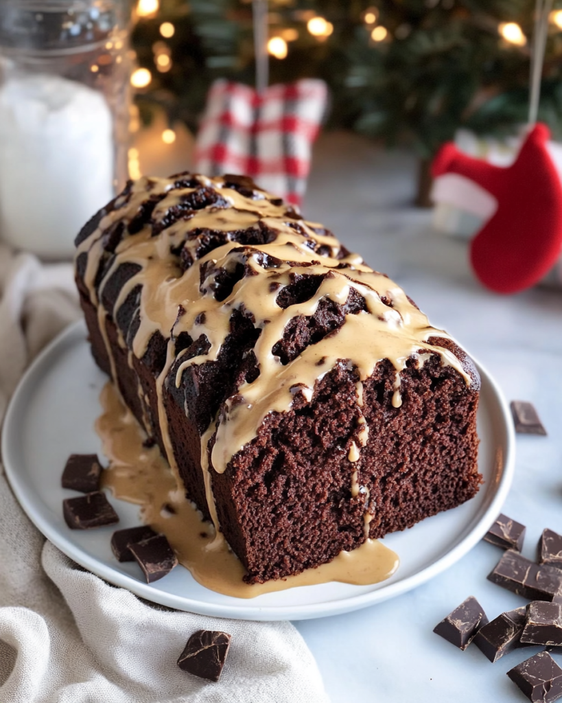 Pouring the rich chocolate batter into the prepared loaf pan for Chocolate Baileys Bread.