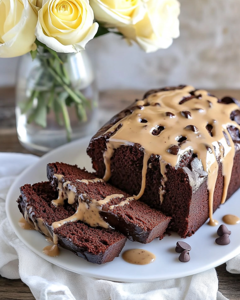 The whole glazed Chocolate Baileys Bread loaf on a cutting board, partially sliced, perhaps next to a cup of coffee.