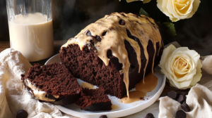 A slice of Chocolate Baileys Bread showing the dark crumb and thick espresso cream cheese glaze.