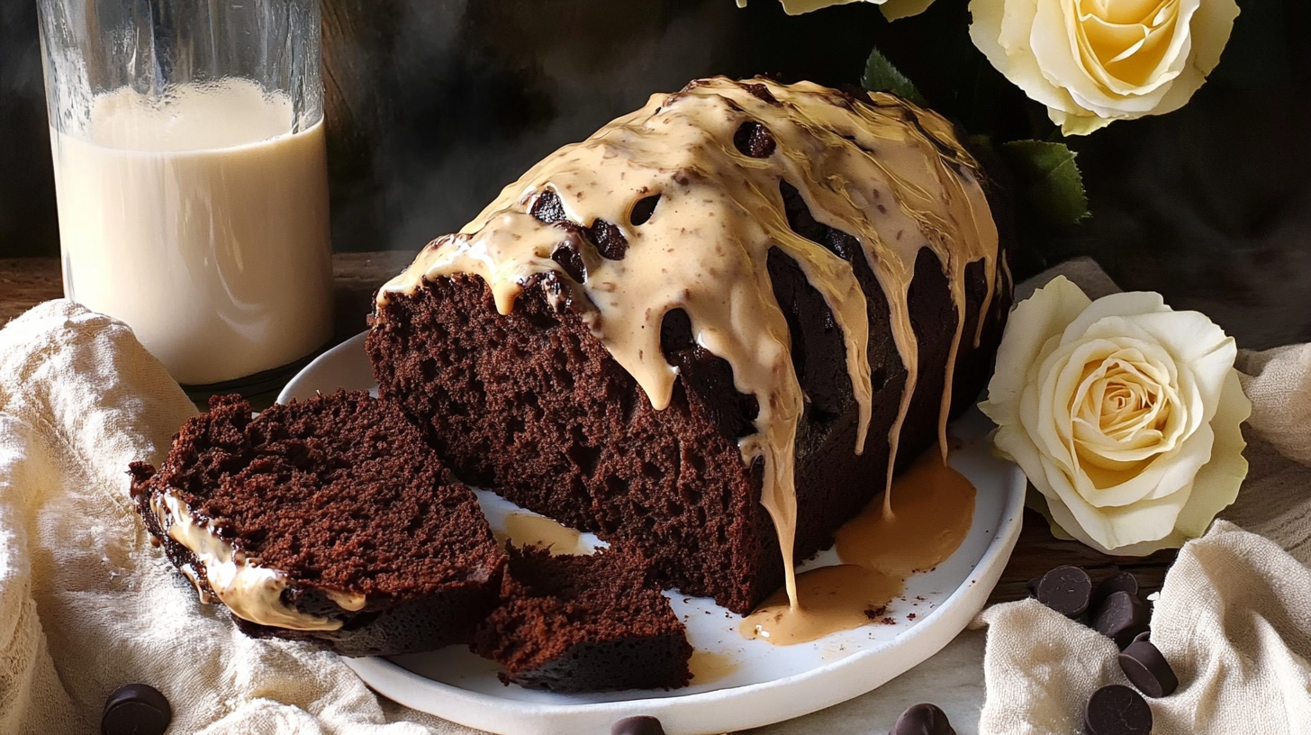 A slice of Chocolate Baileys Bread showing the dark crumb and thick espresso cream cheese glaze.