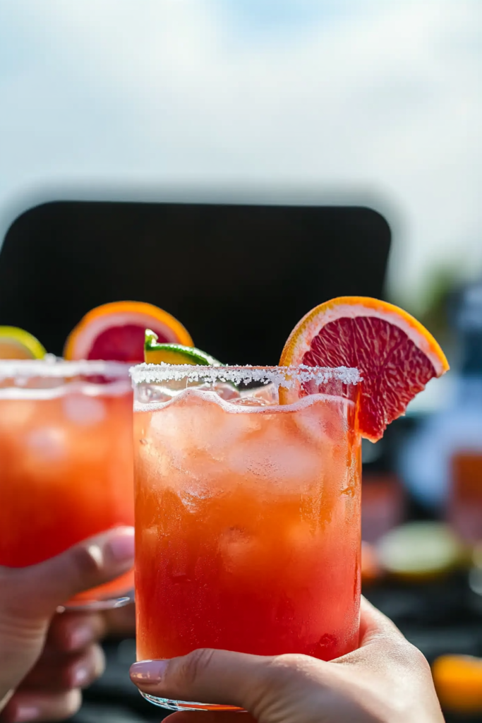Ingredients for Blood Orange Paloma, including tequila, blood oranges, grapefruits, limes, agave, and club soda.