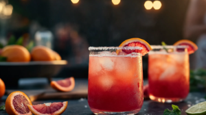 A vibrant, deep orange/red Blood Orange Paloma cocktail in a salt-rimmed glass with ice and a citrus garnish.