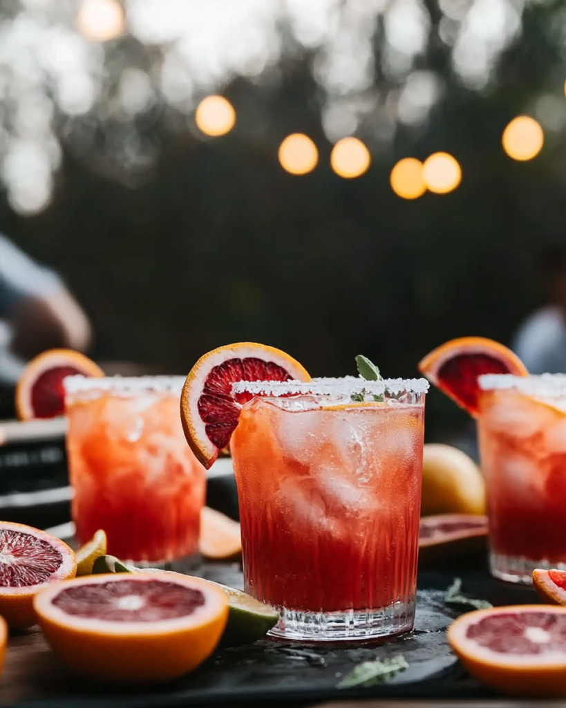 Pouring the shaken Blood Orange Paloma into an ice-filled, salt-rimmed glass before topping with soda.