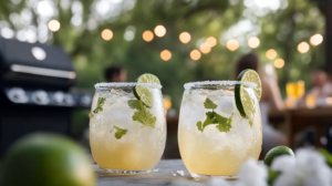 An elegant Elderflower Margarita in a salt-rimmed coupe or margarita glass, garnished with a lime wheel.