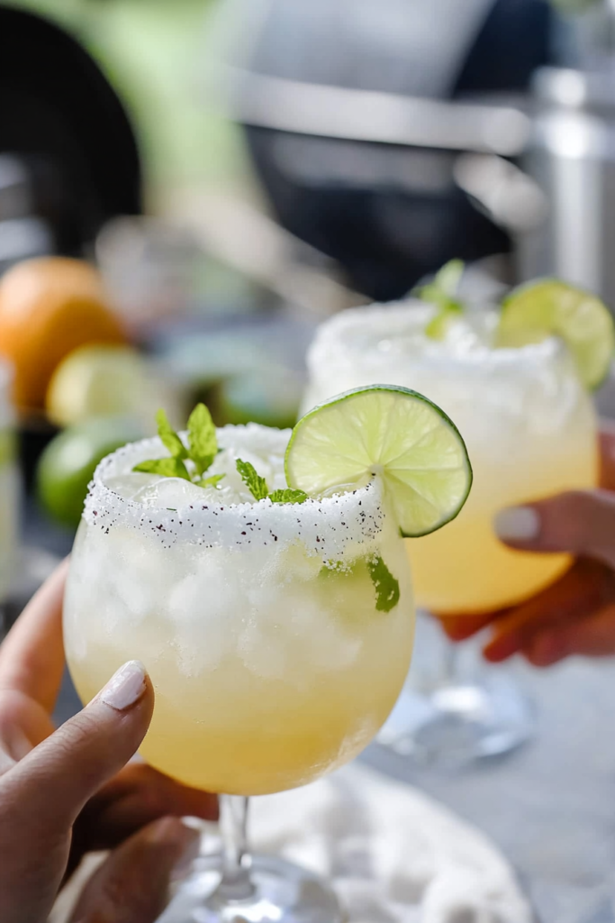 Pouring the strained Elderflower Margarita into a prepared glass filled with ice.