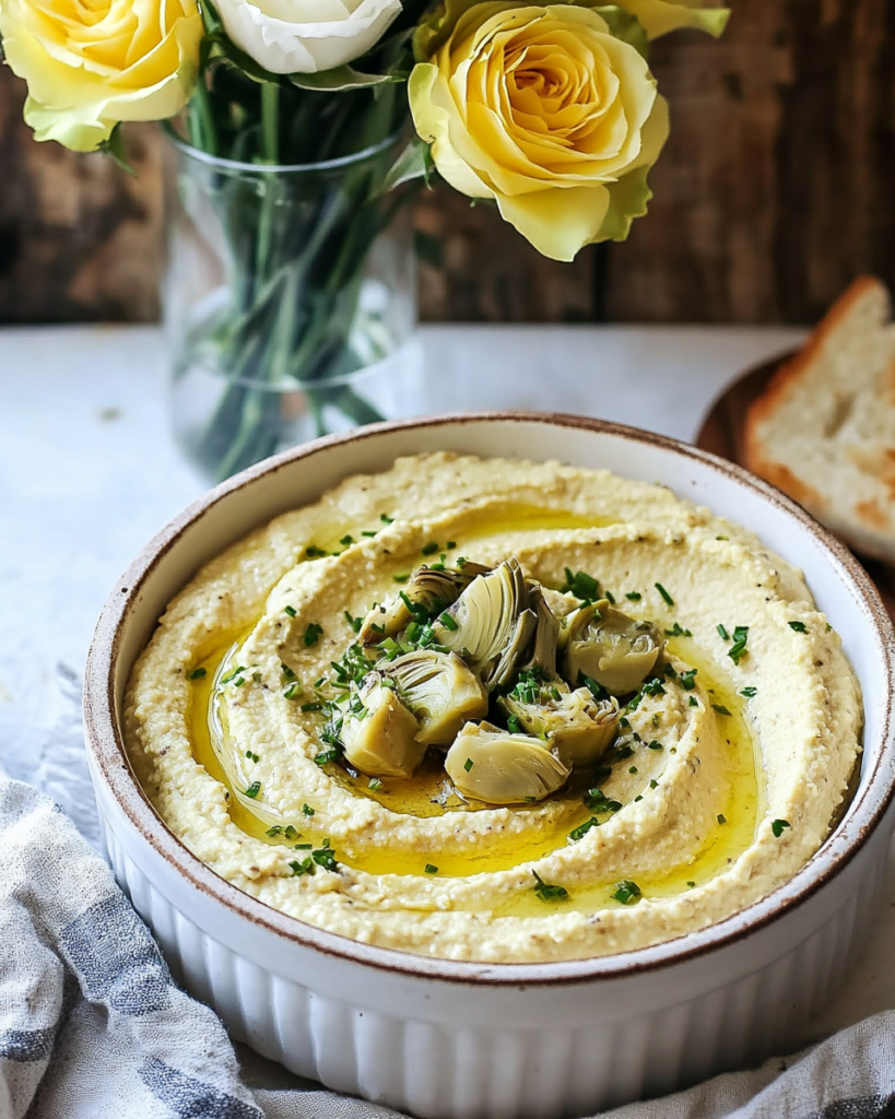 Blending the ingredients for Lemon Artichoke Hummus in a food processor until smooth.