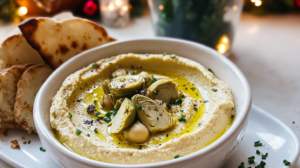 A creamy bowl of Lemon Artichoke Hummus, swirled and garnished with chopped artichokes, chives, olive oil, and lemon zest.