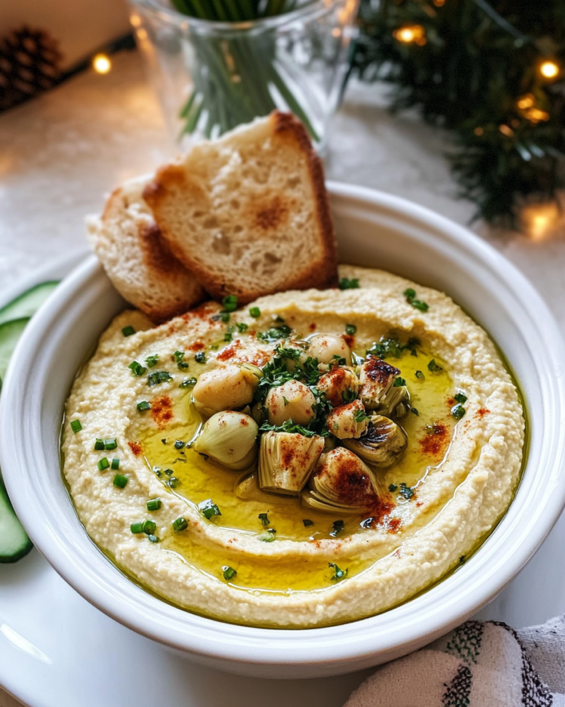 Lemon Artichoke Hummus served in a bowl with pita bread and vegetable sticks for dipping.