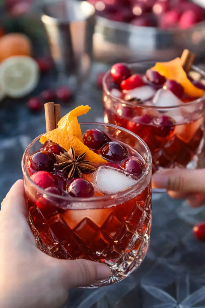 Close-up of the finished Cranberry Old Fashioned showing the beautiful color and garnishes.