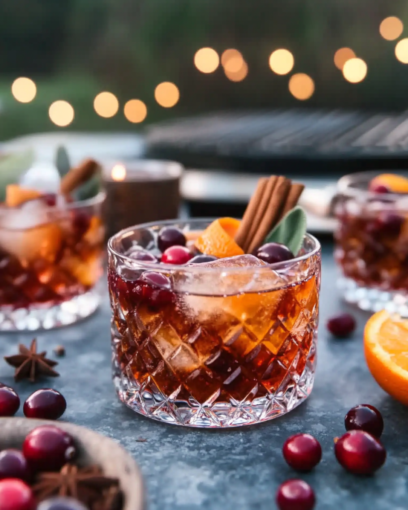 Ingredients for Cranberry Old Fashioned, including bourbon, fresh cranberries, orange, cinnamon sticks, star anise, cloves, sugar, and bitters.