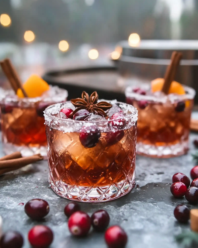 Making the spiced cranberry simple syrup in a saucepan with cranberries and whole spices.