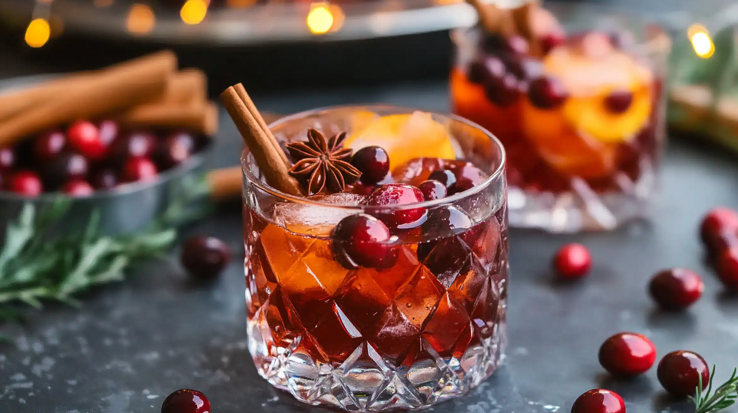 A festive Cranberry Old Fashioned cocktail in a rocks glass with a large ice cube, orange peel, and sugared cranberry garnish.