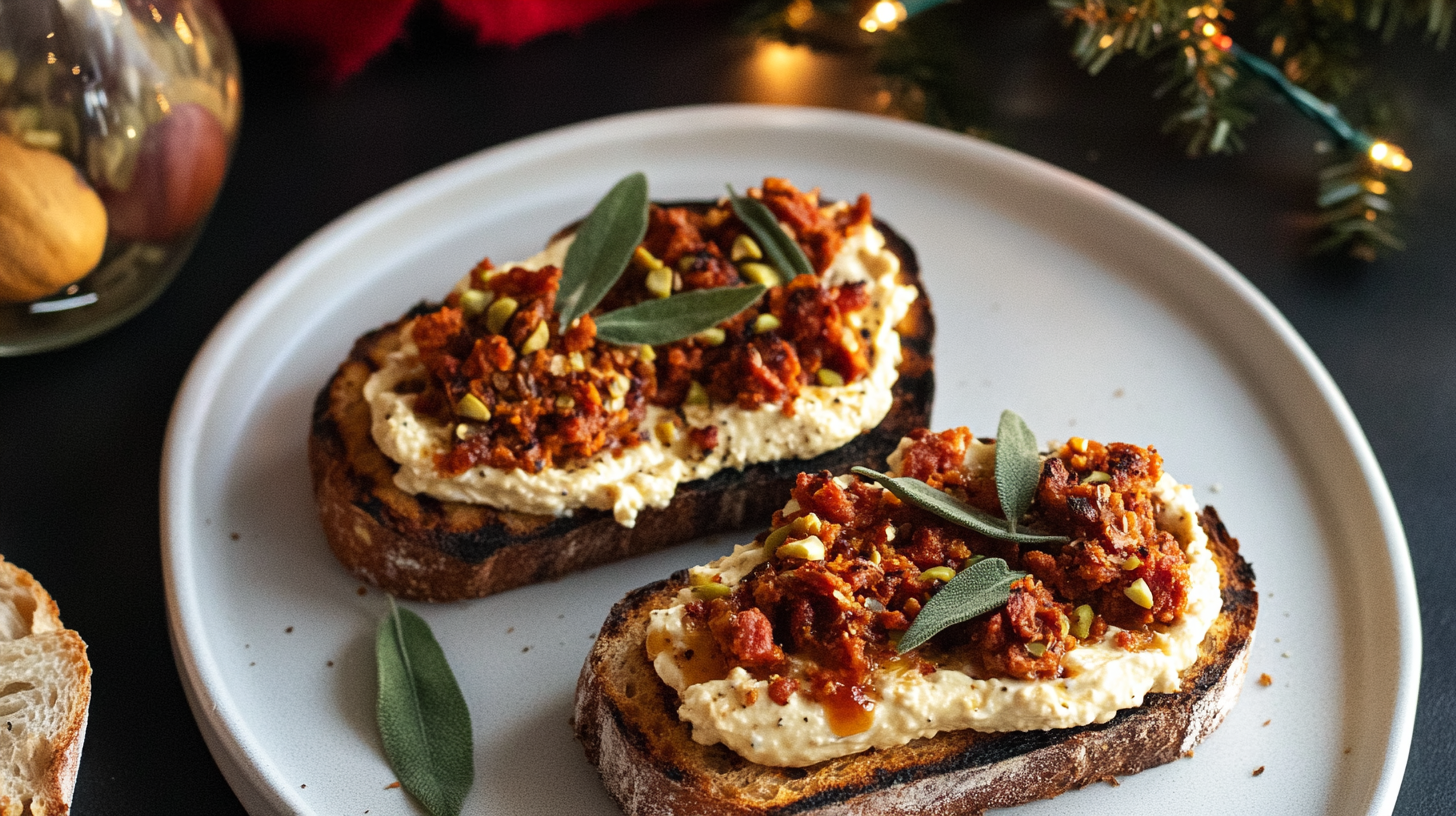 Grilled crusty bread topped with orange Pumpkin Ricotta spread, crumbled chorizo, toasted pepitas, and fresh sage leaves.
