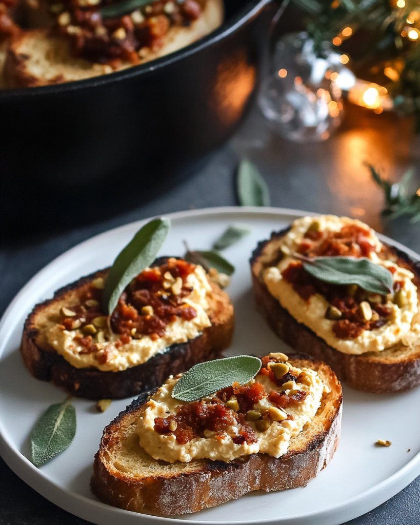 Spreading the creamy pumpkin ricotta mixture onto grilled slices of bread for Pumpkin Ricotta Toasts.
