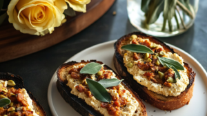 Grilled crusty bread topped with orange Pumpkin Ricotta, crumbled chorizo, pepitas, and sage.