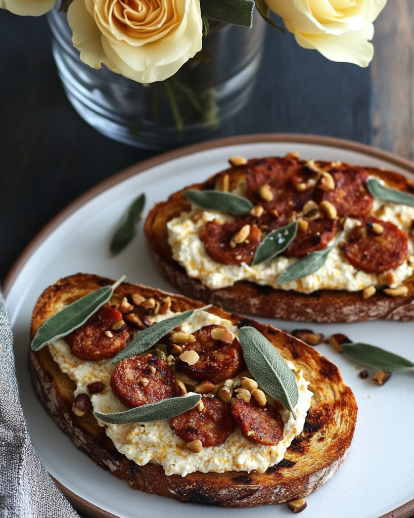 Spreading the pumpkin ricotta mixture onto grilled bread slices for Pumpkin Ricotta Toasts.