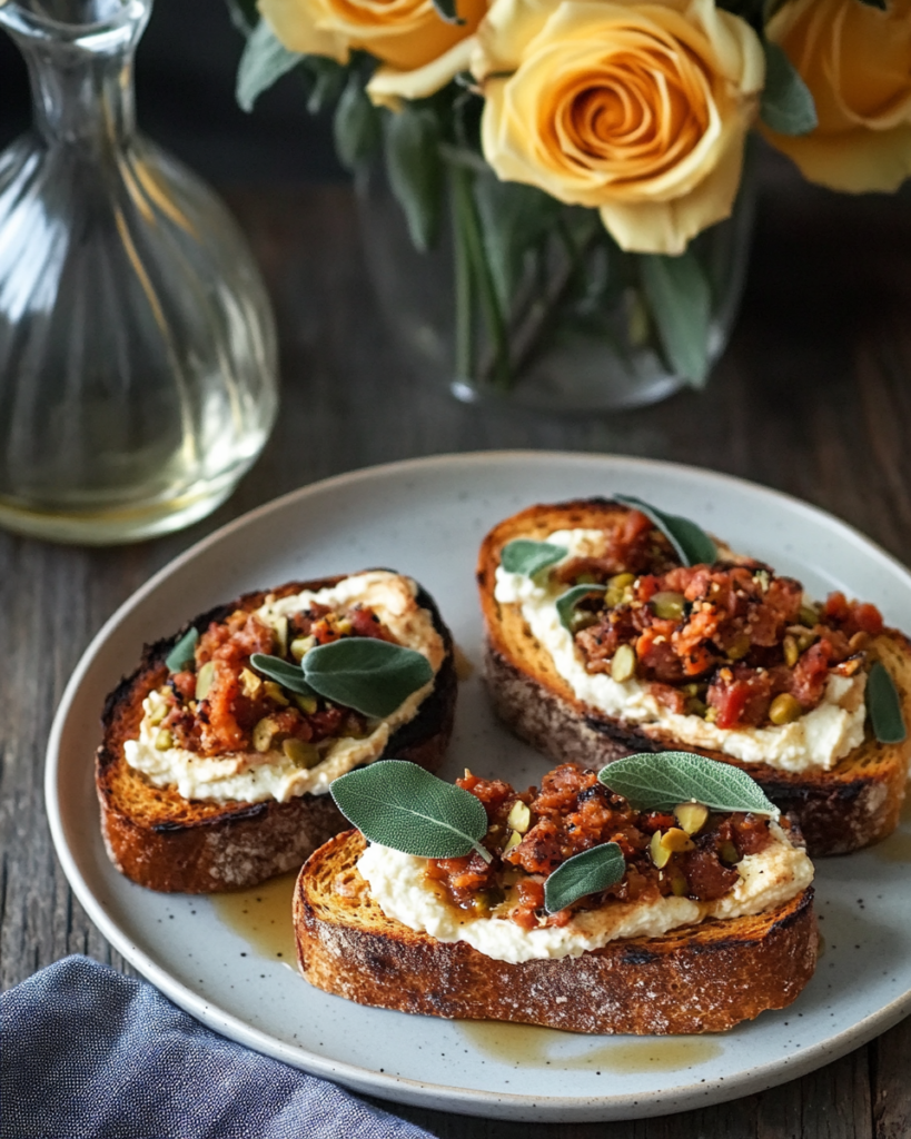 A platter of Pumpkin Ricotta Toasts with Chorizo & Sage served as appetizers.