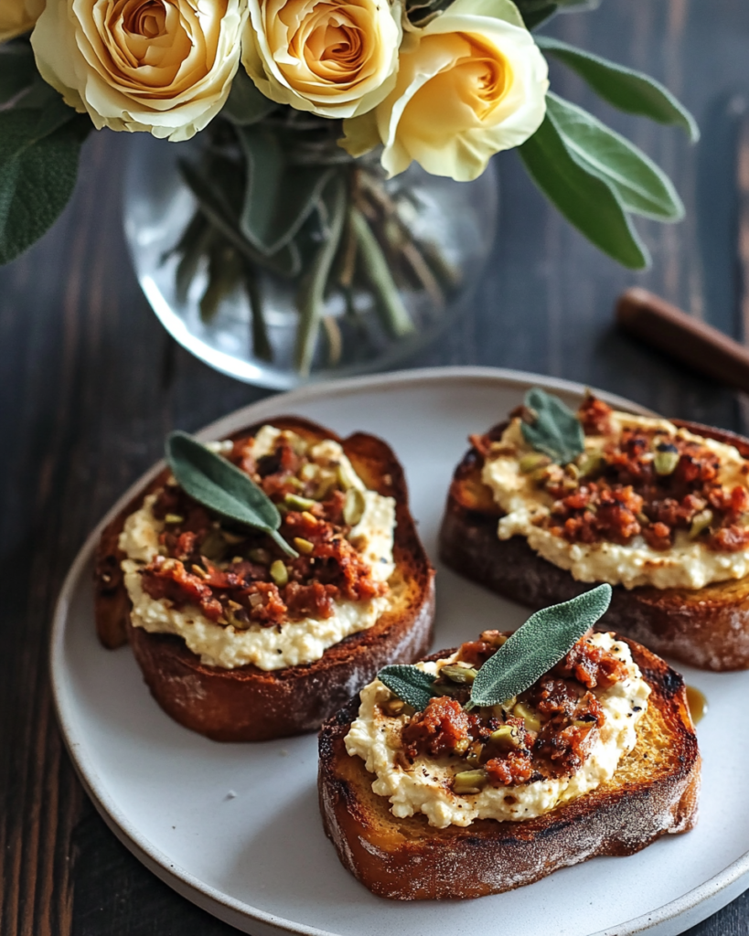 Ingredients for Pumpkin Ricotta Toasts, including ricotta cheese, canned pumpkin puree, fresh chorizo, sage, pepitas, bread, and maple syrup.