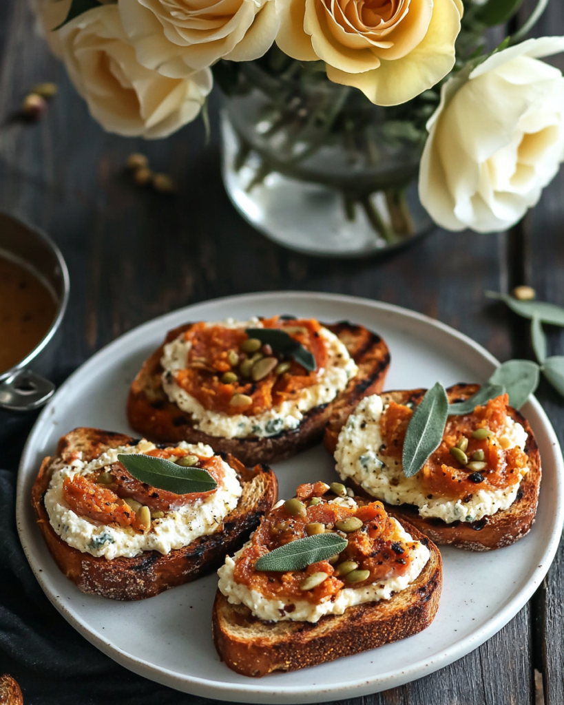A platter of Pumpkin Ricotta Toasts with Chorizo & Sage served as appetizers at a gathering.
