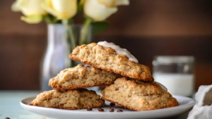 Wedge-shaped Dirty Chai Scones drizzled with espresso glaze on a cooling rack or plate.