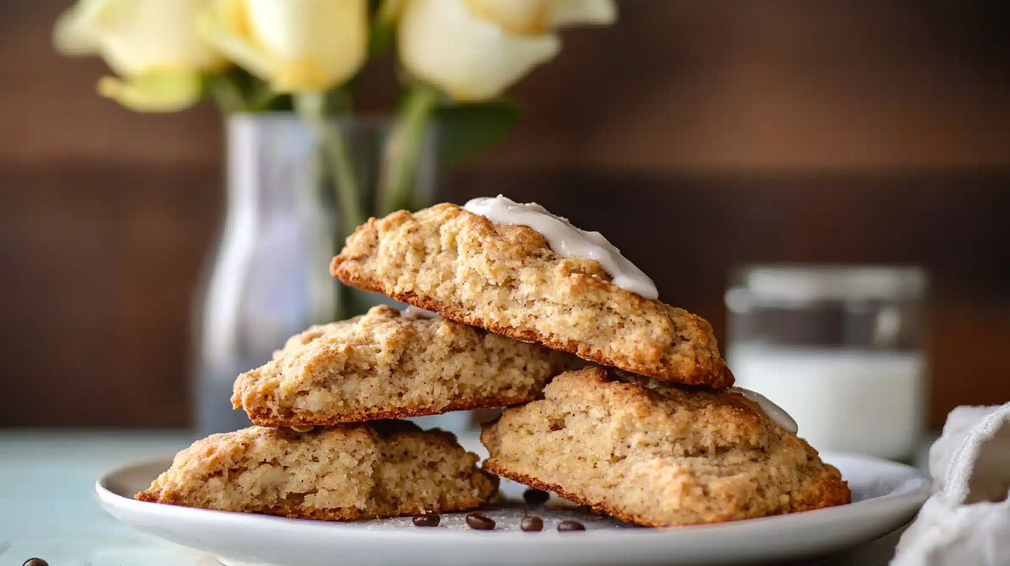 Wedge-shaped Dirty Chai Scones drizzled with espresso glaze on a cooling rack or plate.