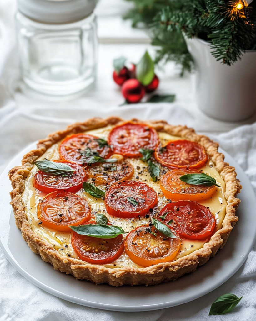 Arranging the sliced heirloom tomatoes over the cream cheese filling in the tart shell for the Heirloom Tomato Tart.