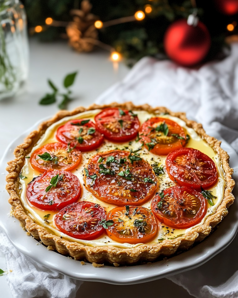 Ingredients for Heirloom Tomato Tart, including various heirloom tomatoes, cheddar cheese, cream cheese, flour, butter, and fresh herbs.