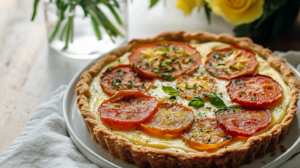 A stunning Heirloom Tomato Tart showing colorful tomato slices arranged over a creamy filling in a cheddar crust.