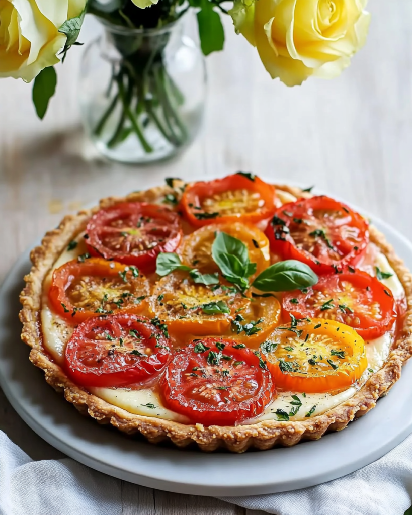 A slice of Heirloom Tomato Tart on a plate, ready to be eaten for brunch or lunch.