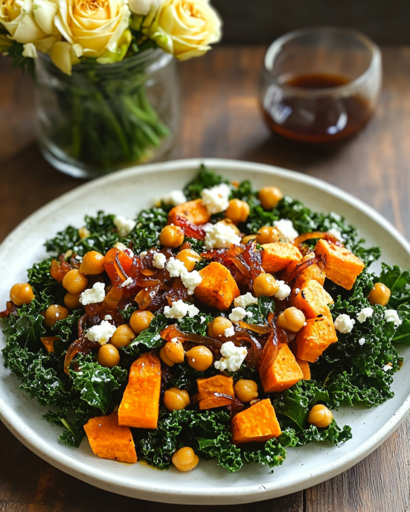 An individual serving of Sweet Potato Kale Salad on a plate, looking hearty and colorful.