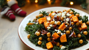 A large, vibrant bowl of Sweet Potato Kale Salad showing roasted sweet potatoes, crispy chickpeas, caramelized onions, kale, and feta, drizzled with red pepper dressing.