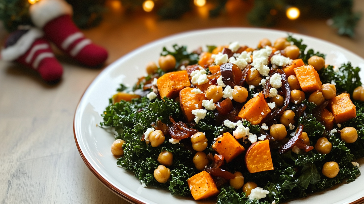 A large, vibrant bowl of Sweet Potato Kale Salad showing roasted sweet potatoes, crispy chickpeas, caramelized onions, kale, and feta, drizzled with red pepper dressing.