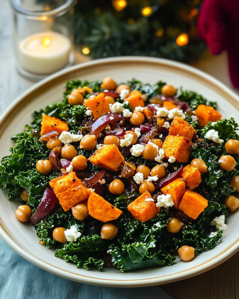Ingredients for Sweet Potato Kale Salad, including kale, sweet potato, chickpeas, red bell pepper, onion, feta, and dressing components.