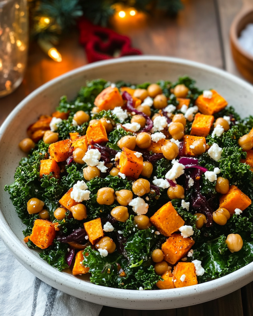 Massaging chopped kale with dressing in a large bowl for the Sweet Potato Kale Salad.