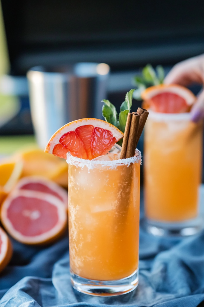 Pouring the Spiced Paloma from a shaker into the prepared rimmed glass filled with ice.