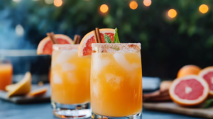 A Spiced Paloma Cocktail in a cinnamon-sugar-salt rimmed glass with ice and a grapefruit garnish.