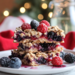 Spreading the berry filling over the crust in the baking pan for Berry Oatmeal Crumble Bars.