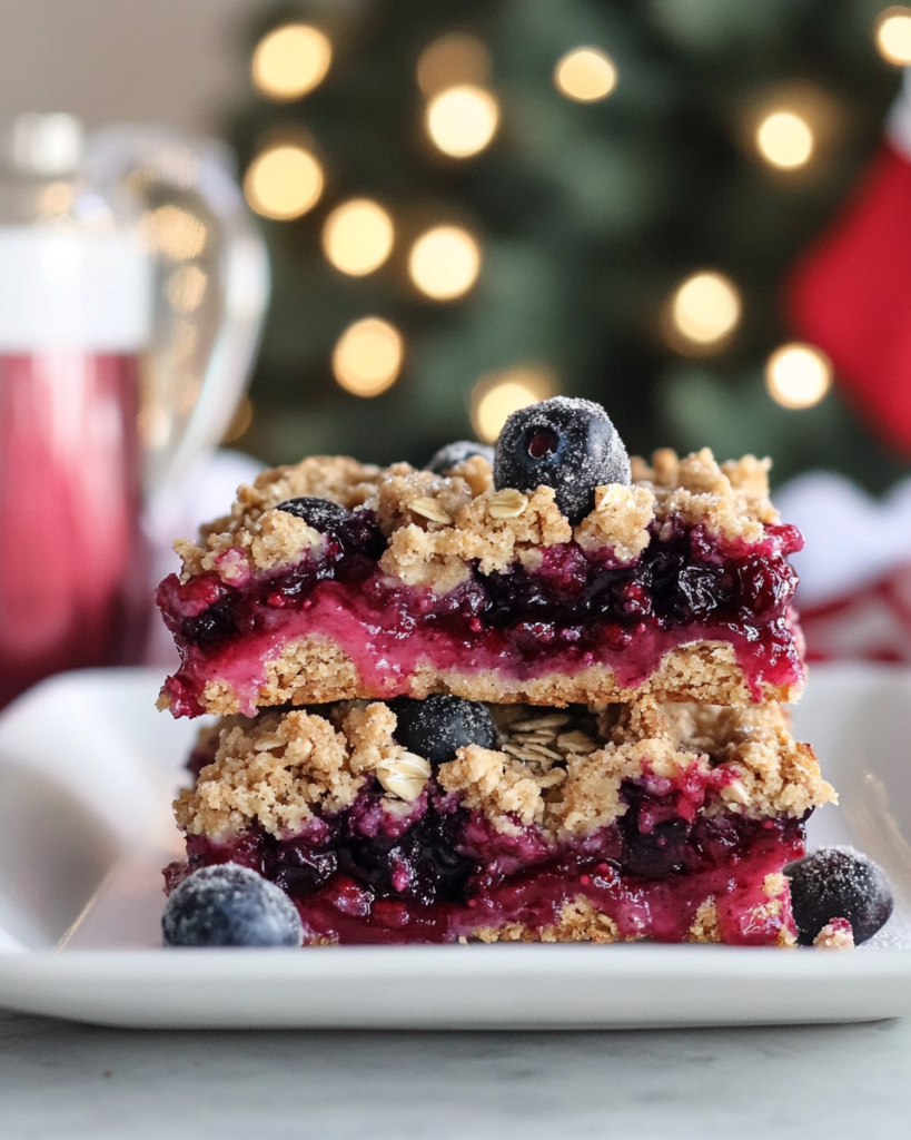 A Berry Oatmeal Crumble Bar on a plate, perhaps served with a dollop of yogurt or ice cream.