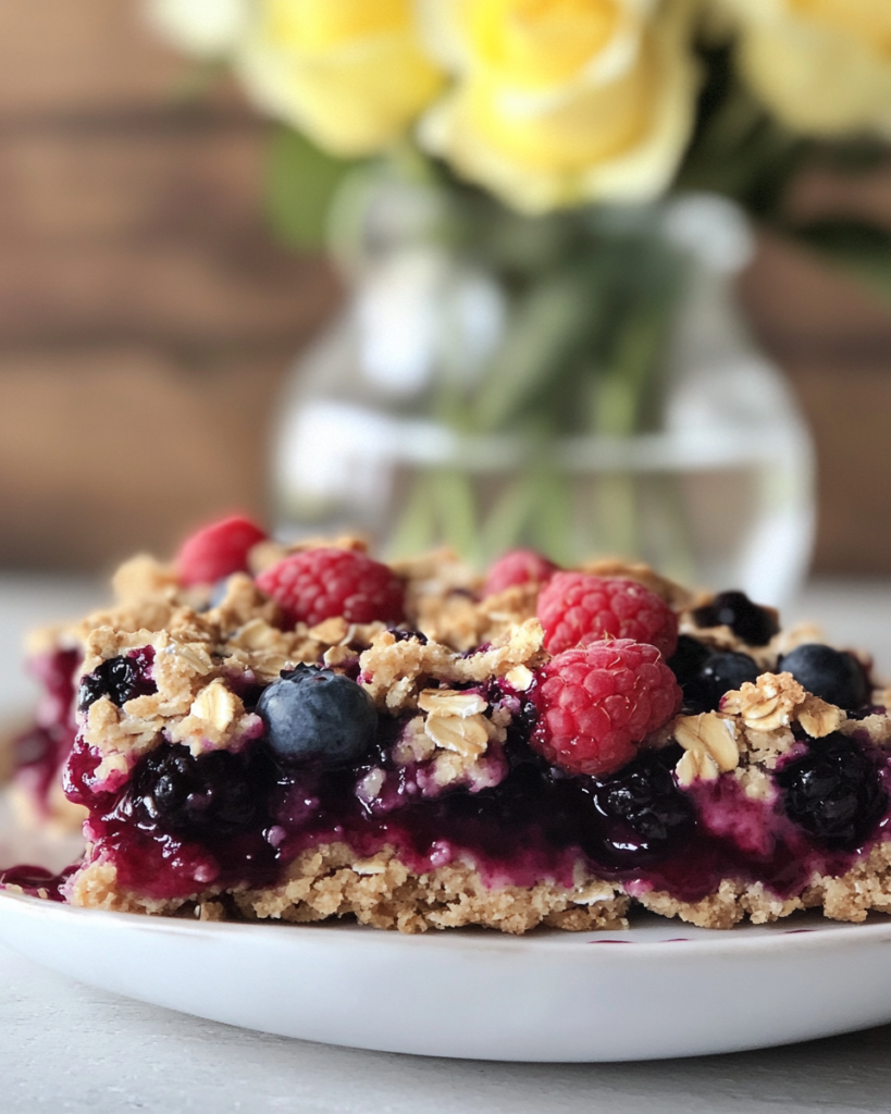 Ingredients for Berry Oatmeal Crumble Bars, including oats, flour, butter/coconut oil, mixed berries, maple syrup, and lemon.