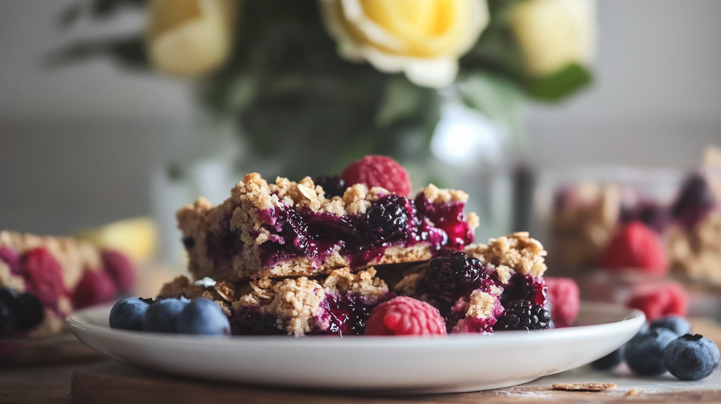 A stack of Berry Oatmeal Crumble Bars showing the oat topping and juicy berry filling.