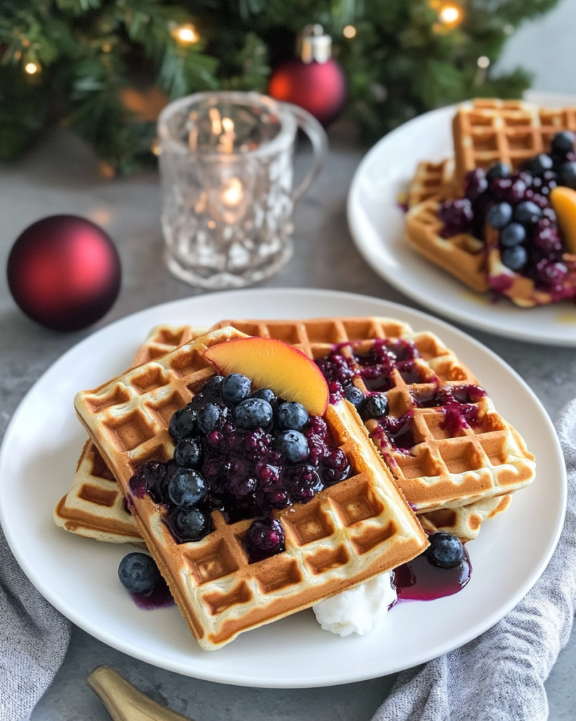 Ingredients for Buttermilk Waffles and compote, including flour, buttermilk, eggs, peaches, and blueberries.