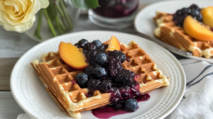 A stack of golden Buttermilk Waffles topped generously with peach blueberry compote and perhaps whipped cream.