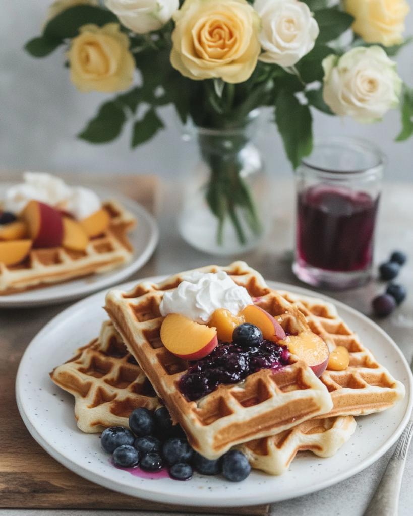 A close-up of a Buttermilk Waffle with peach blueberry compote, maple syrup, and butter.