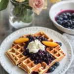 Pouring batter onto a hot waffle iron to make Buttermilk Waffles.
