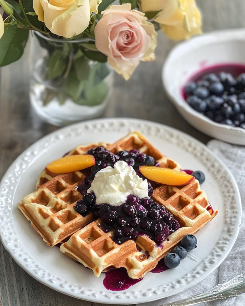 Pouring batter onto a hot waffle iron to make Buttermilk Waffles.