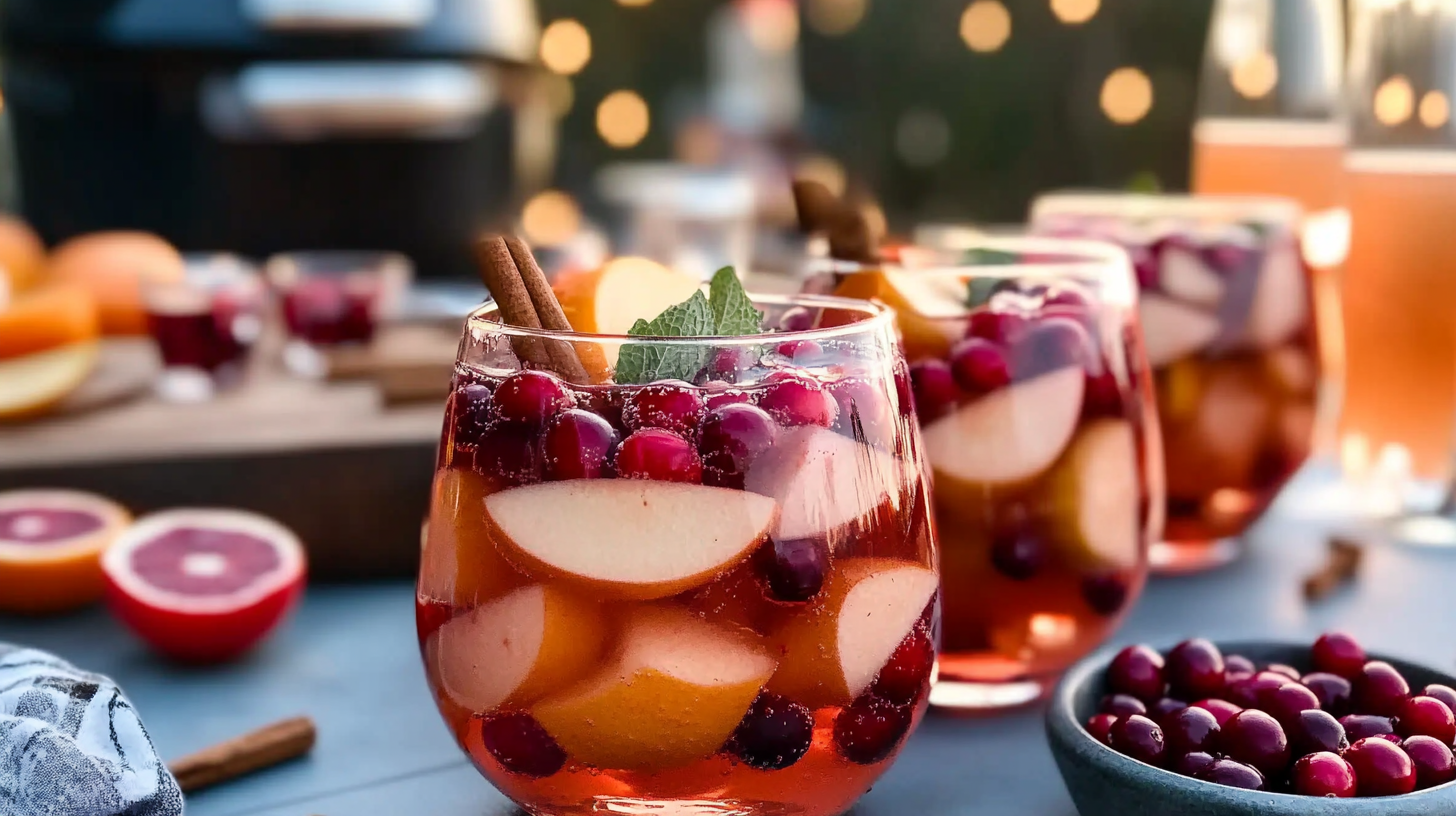 A festive pitcher of pink Rosé Sangria filled with cranberries, orange slices, apple slices, and cinnamon sticks