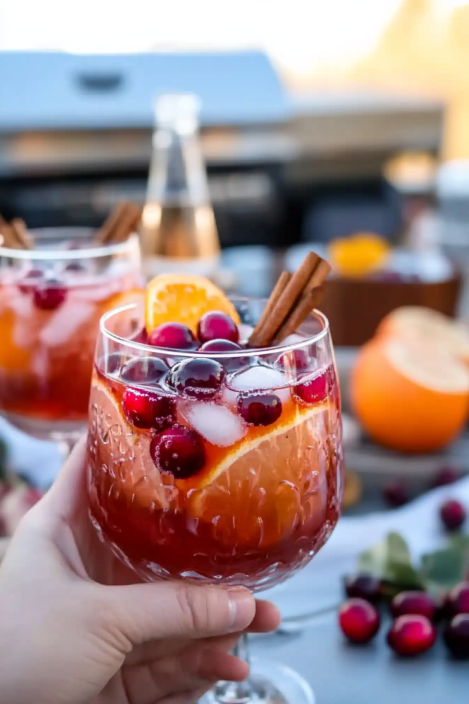 Wine glasses filled with Rosé Sangria, garnished with sugared cranberries, fruit slices, and cinnamon sticks.
