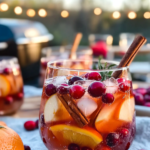 Combining fruit slices, cranberries, and cinnamon sticks with wine and juices in a large pitcher for Rosé Sangria.