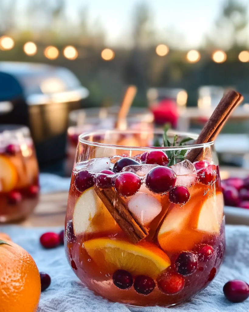 Combining fruit slices, cranberries, and cinnamon sticks with wine and juices in a large pitcher for Rosé Sangria.
