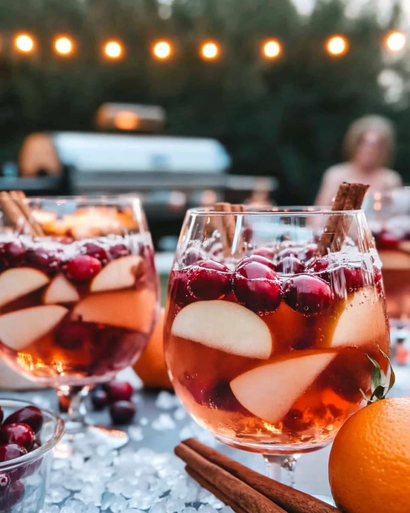 Ingredients for Winter Rosé Sangria, including rosé wine, apple cider, cranberry juice, fresh cranberries, oranges, apples, cinnamon sticks, and Grand Marnier.